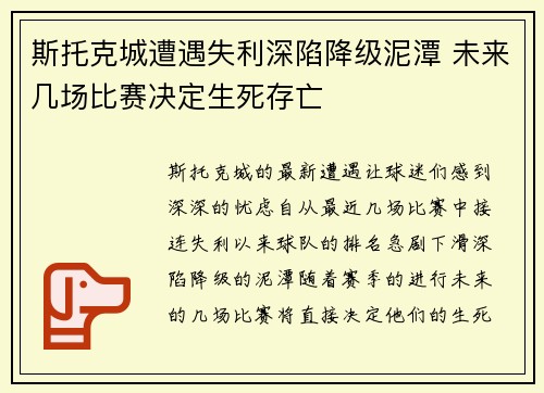 斯托克城遭遇失利深陷降级泥潭 未来几场比赛决定生死存亡