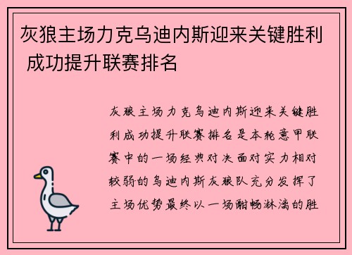 灰狼主场力克乌迪内斯迎来关键胜利 成功提升联赛排名